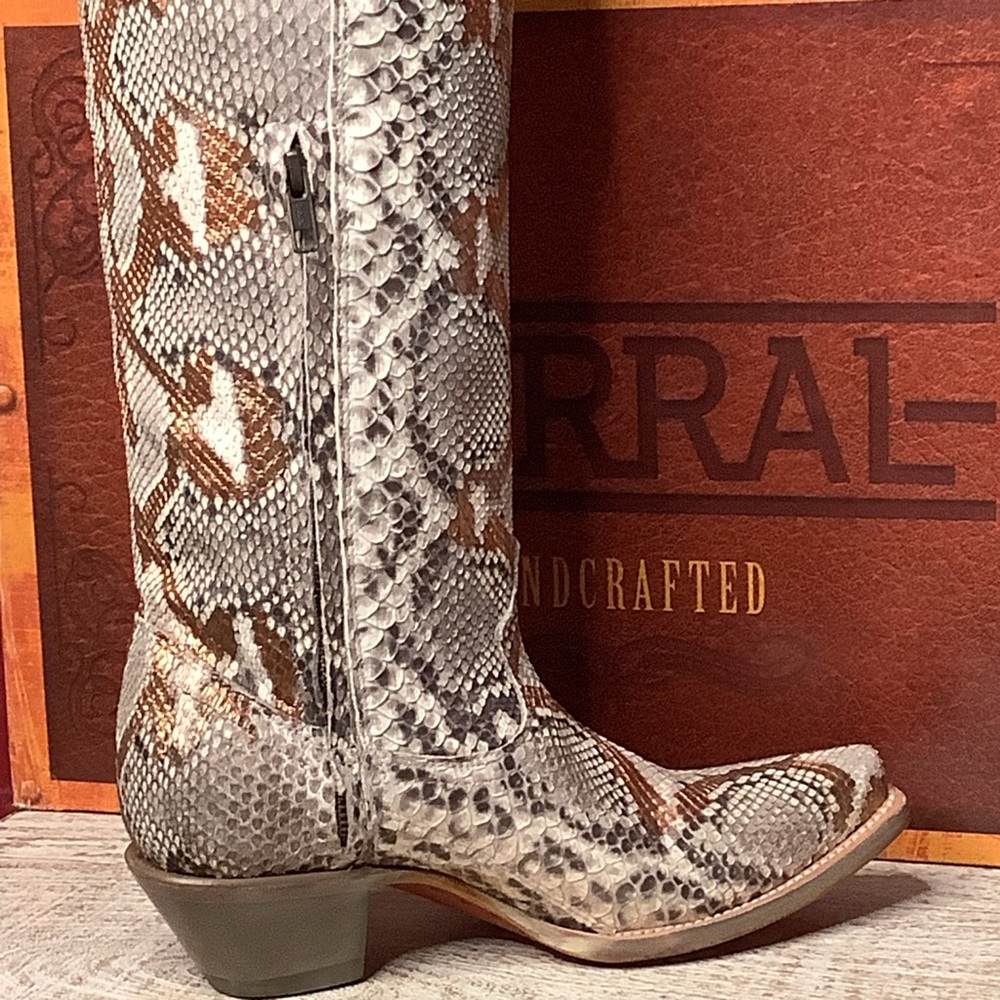 Corral Python Snake Skin Hand Painted Gold Accents Tall Top Western Boots 2”Heel - Picture 11 of 14